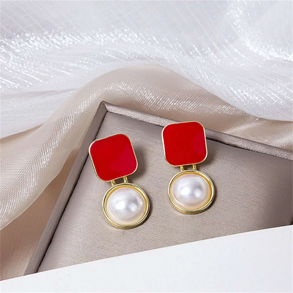 Red Enamel & Pearl Goldtone Square Ball Drop Earrings sold by Zulily product image thumbnail 3