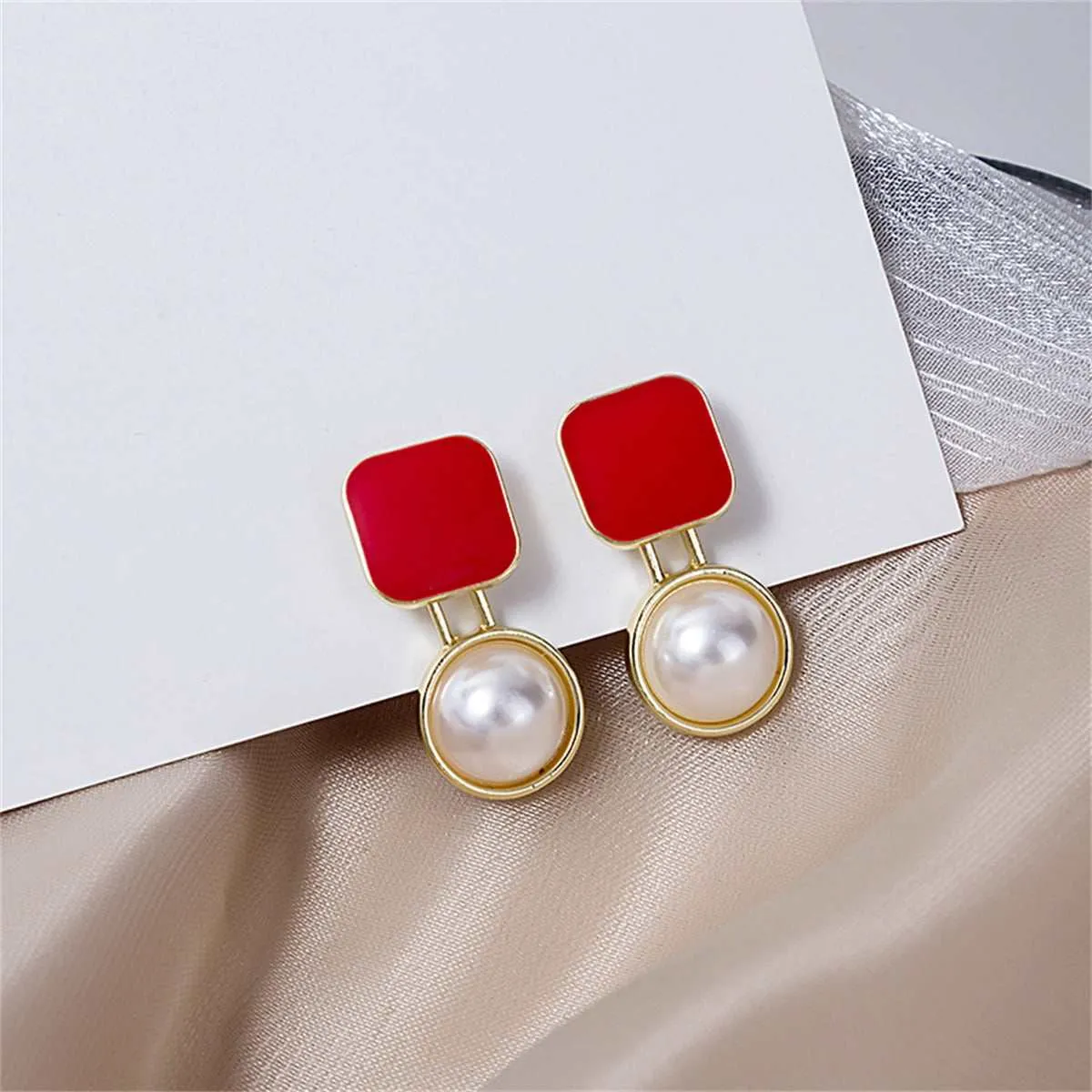 Red Enamel & Pearl Goldtone Square Ball Drop Earrings sold by Zulily