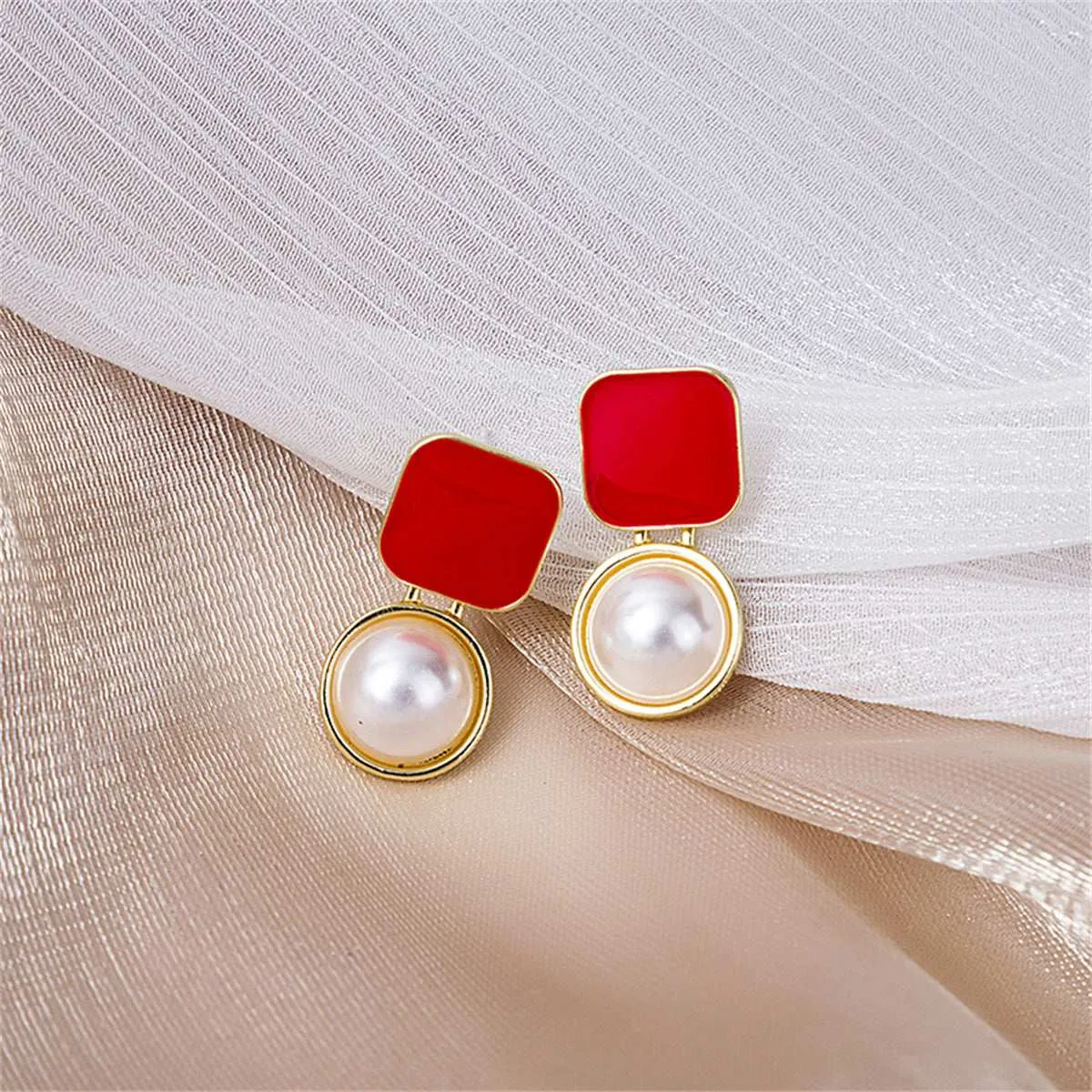 Red Enamel & Pearl Goldtone Square Ball Drop Earrings sold by Zulily product image thumbnail 2