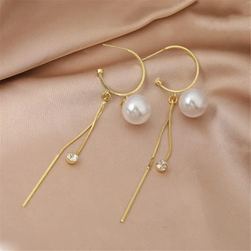 Pearl & Cubic Zirconia Goldtone Ball Bar Tassel Huggie Earrings made by Zulily