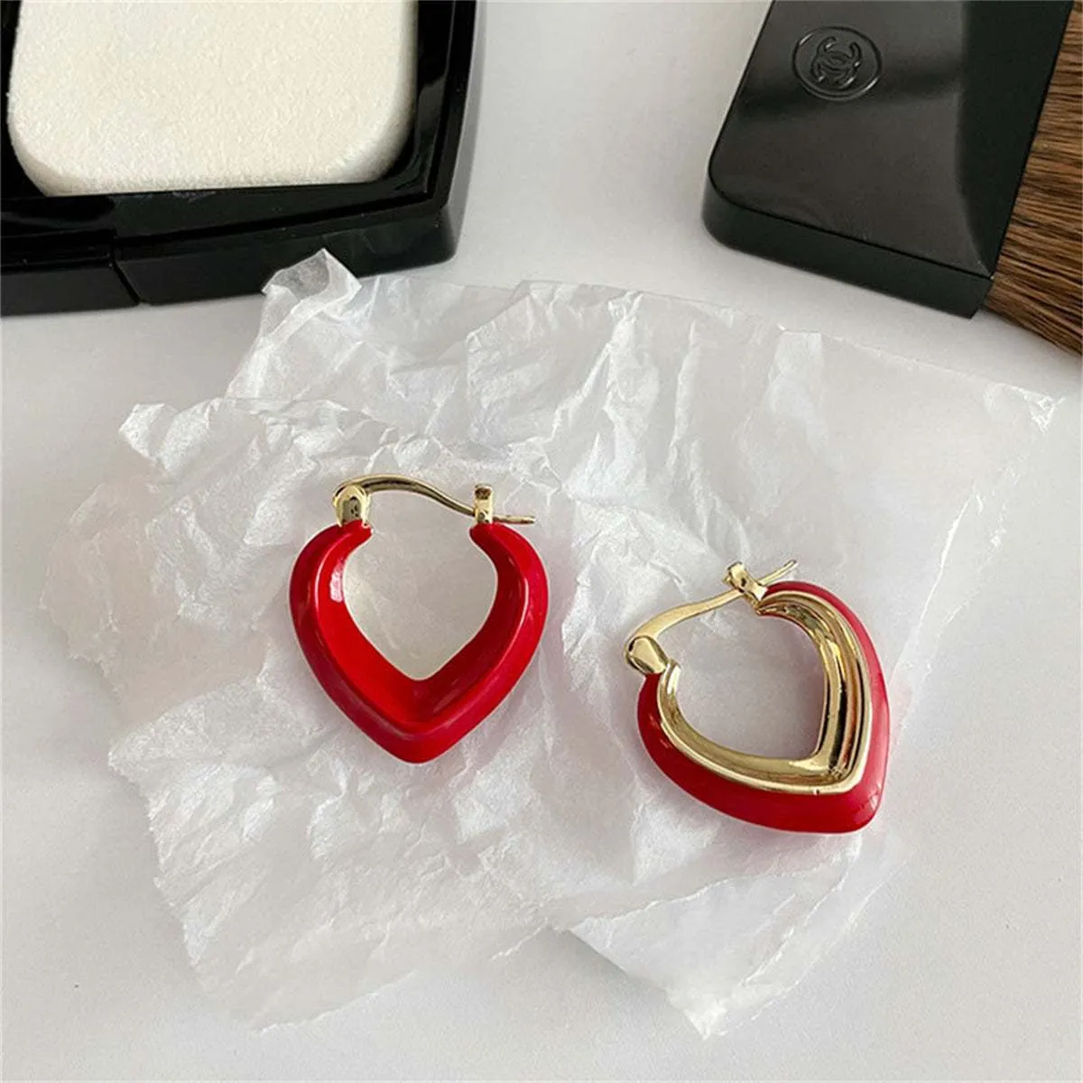Red Enamel & Goldtone Abstract Heart Hoop Earrings sold by Zulily