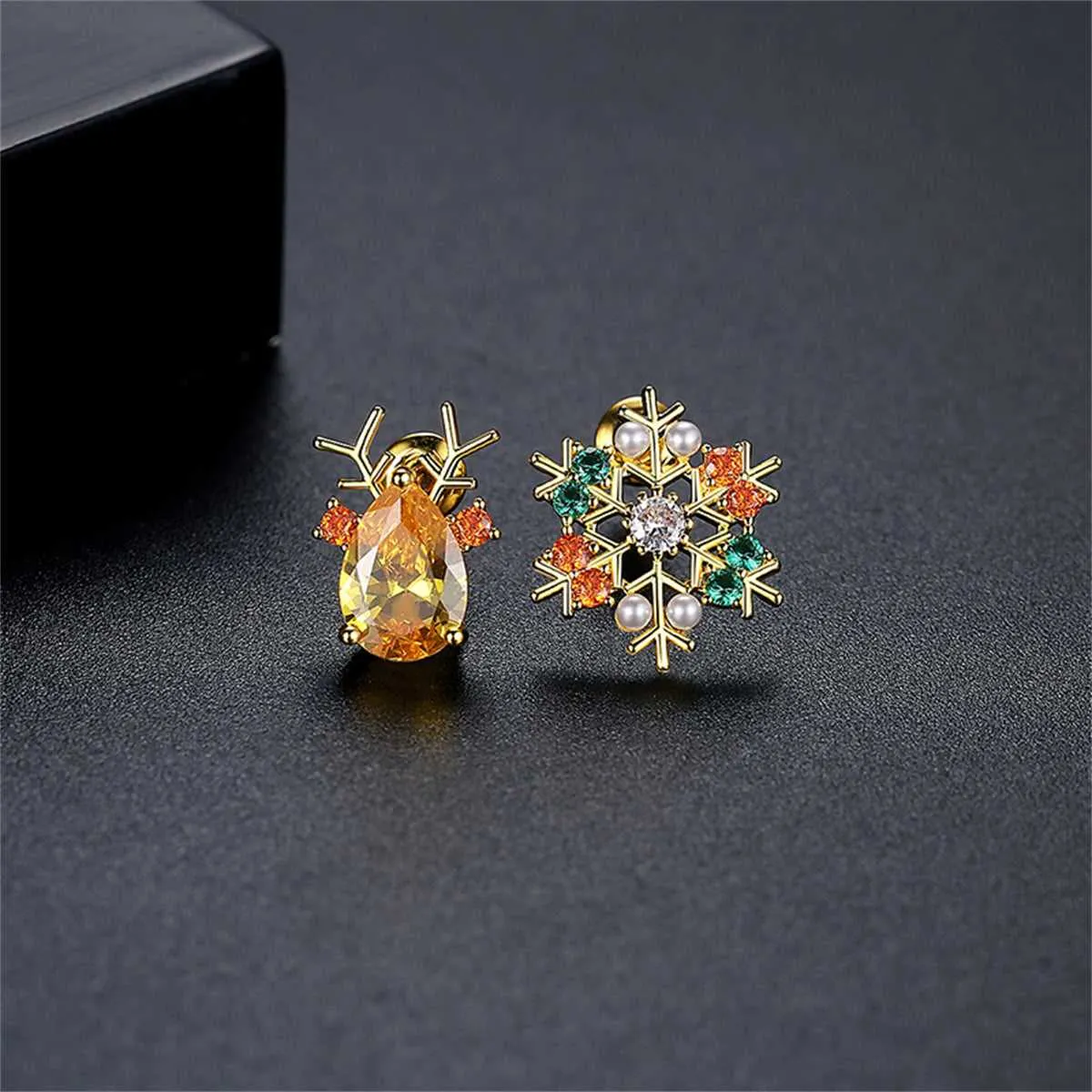 Pearl & Yellow Crystal Mismatch Antler Snowflake Stud Earrings sold by Zulily product image thumbnail 2