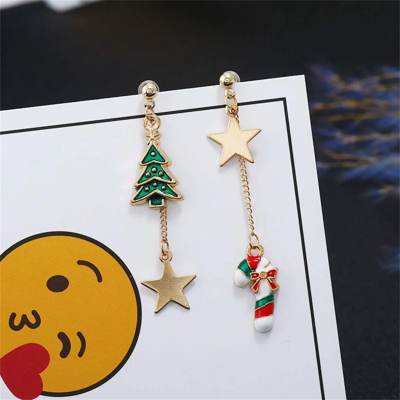 Green Enamel & Goldtone Star Christmas Tree Candy Cane Mismatch Drop Earrings made by Zulily