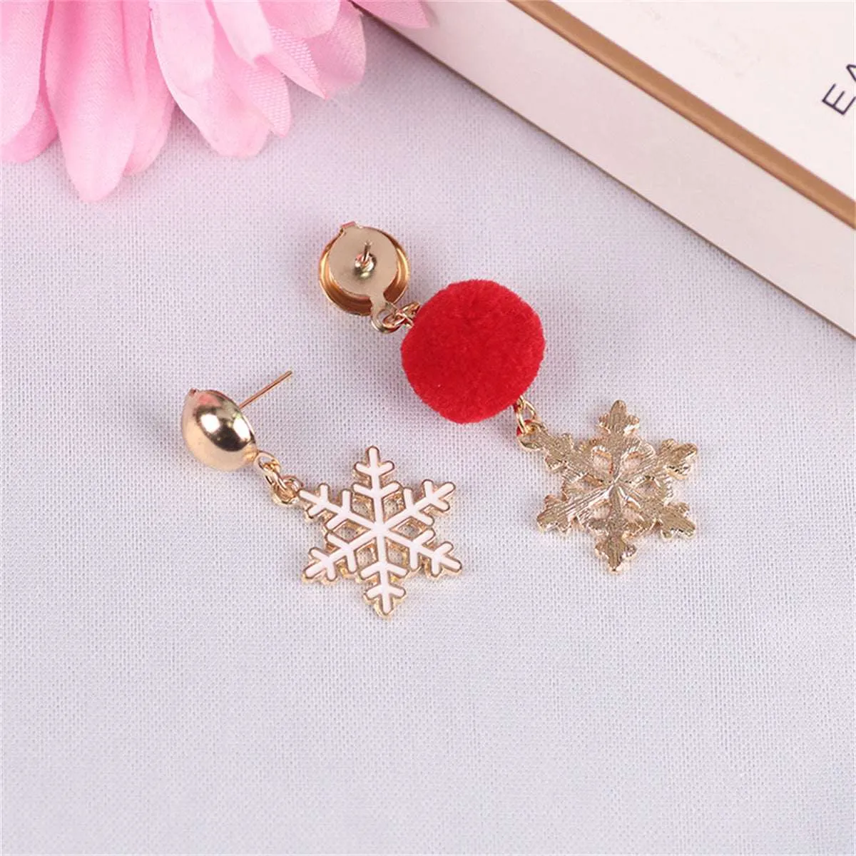 Red Pom-Pom & Goldtone Snowflake Mismatched Drop Earrings sold by Zulily product image thumbnail 2