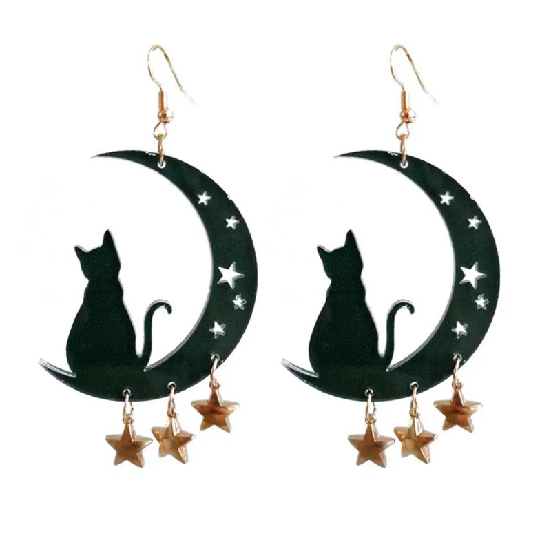 Black & Goldtone Moon & Star Cat Drop Earrings made by Zulily