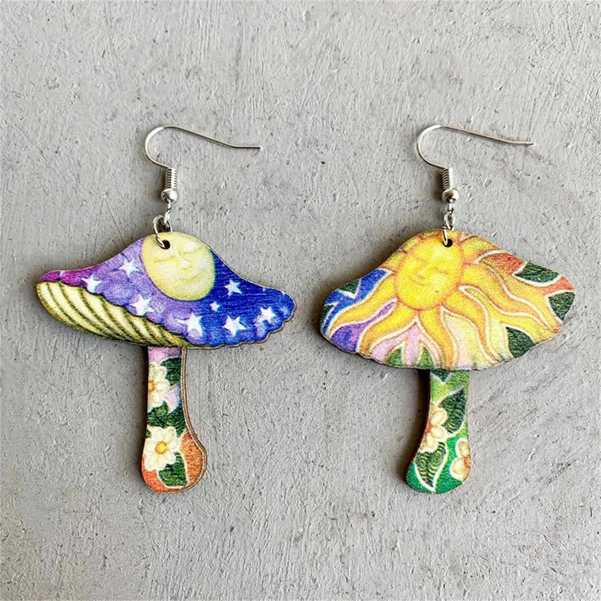 Purple Sun & Moon Wood Mushroom Drop Earrings sold by Zulily