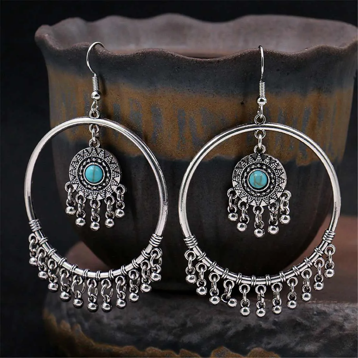Turquoise & Silvertone Big Circle Drop Earrings sold by Zulily