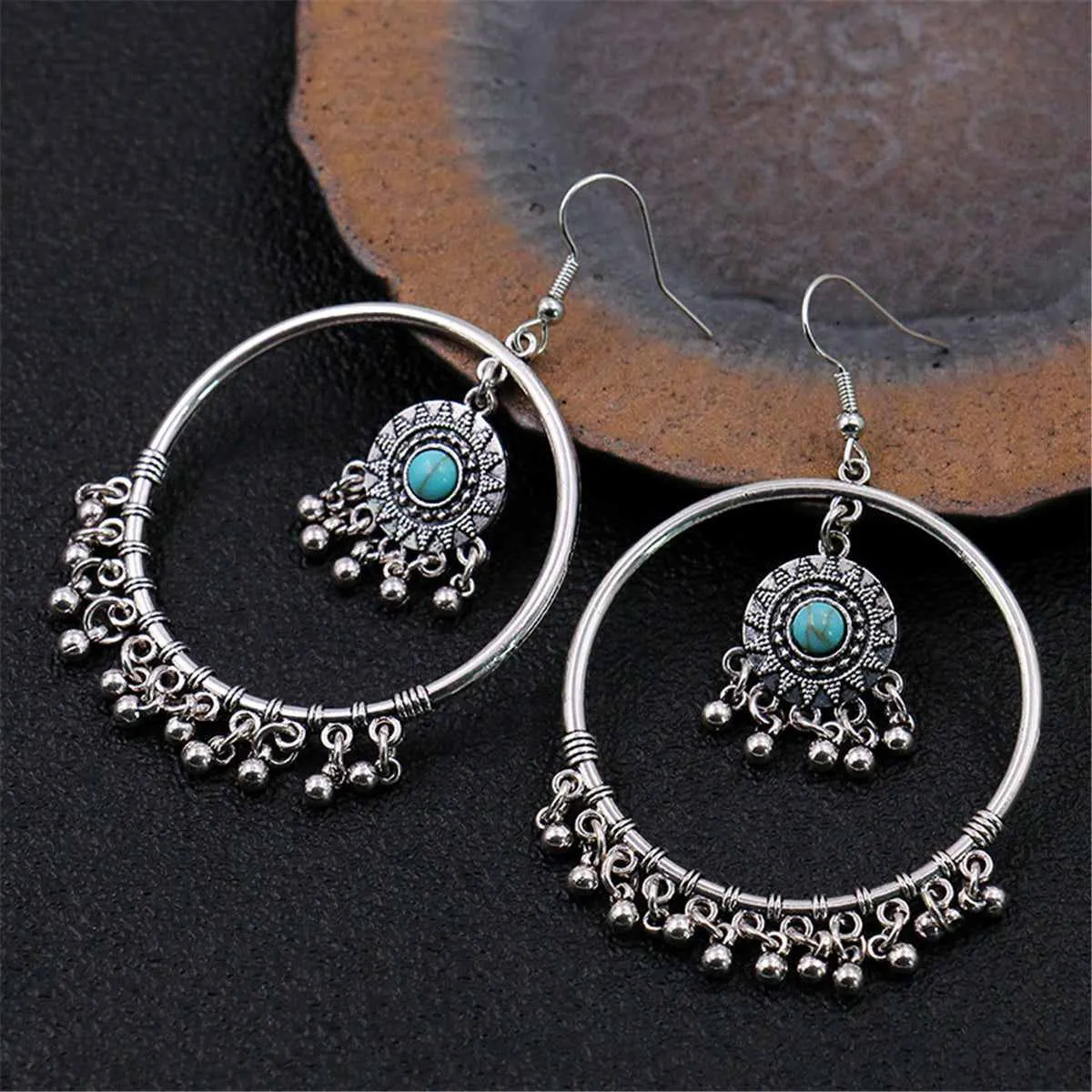 Turquoise & Silvertone Big Circle Drop Earrings sold by Zulily product image thumbnail 2