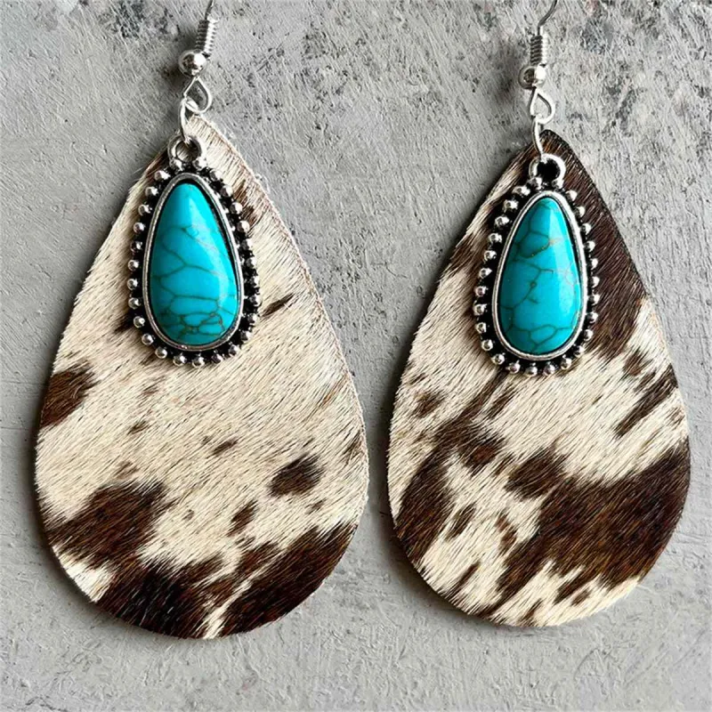 Light Brown Polystyrene & Turquoise Cow-Print Teardrop Earrings made by Zulily