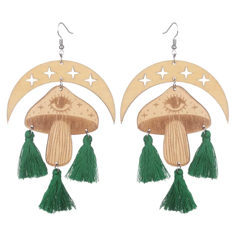 Green & Light Brown Moon Mushroom Tassel-Accent Drop Earrings made by Zulily