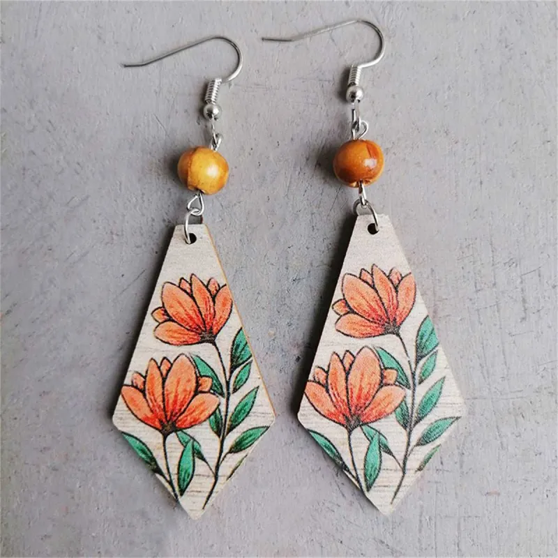 Red Multicolor Wood & Silvertone Floral Rhombus Drop Earrings made by Zulily