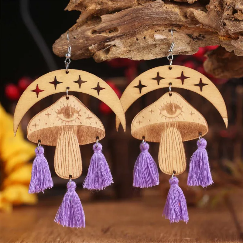 Blue & Light Brown Moon Mushroom Tassel-Accent Drop Earrings made by Zulily