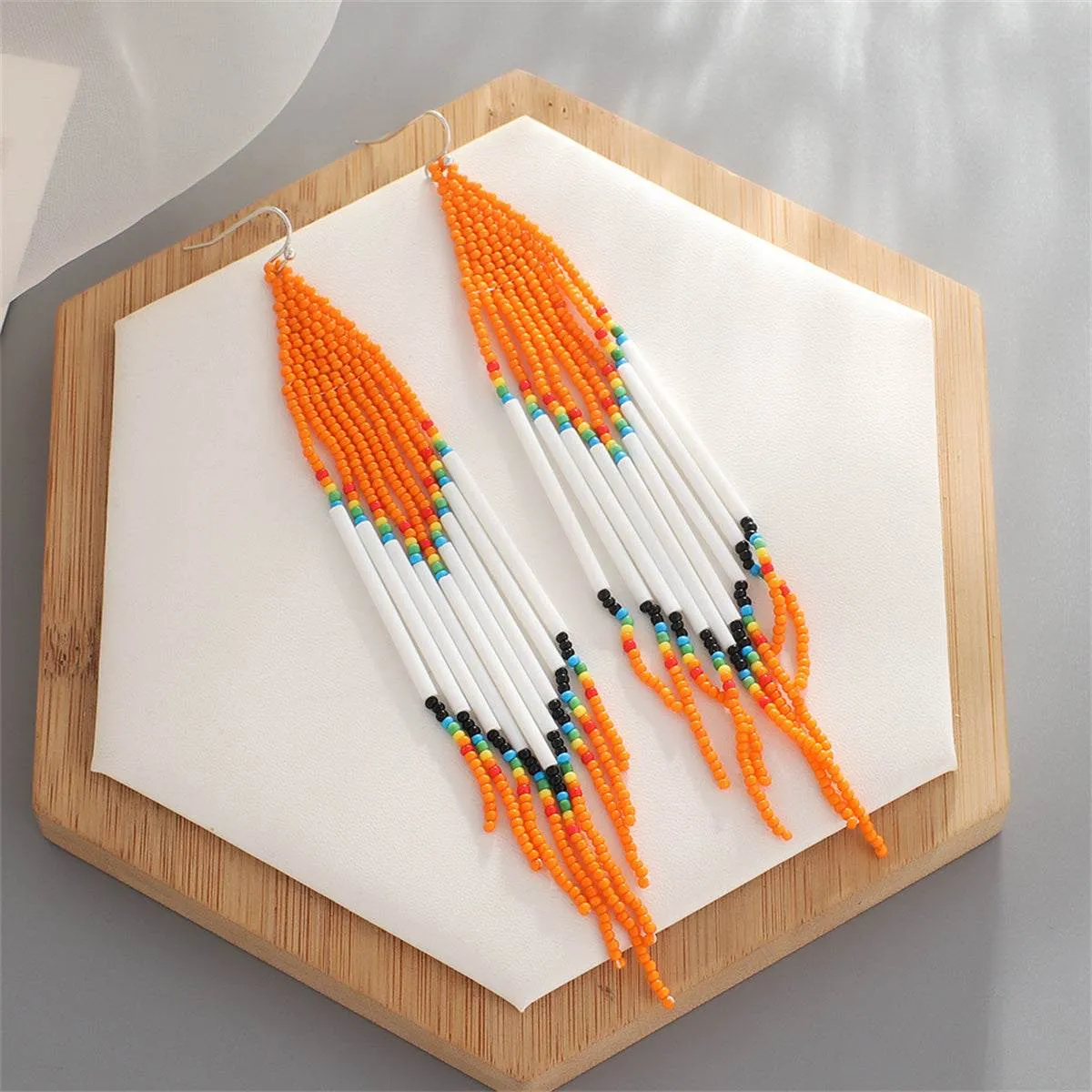 Orange & White Tassel Beaded Drop Earrings sold by Zulily product image thumbnail 2