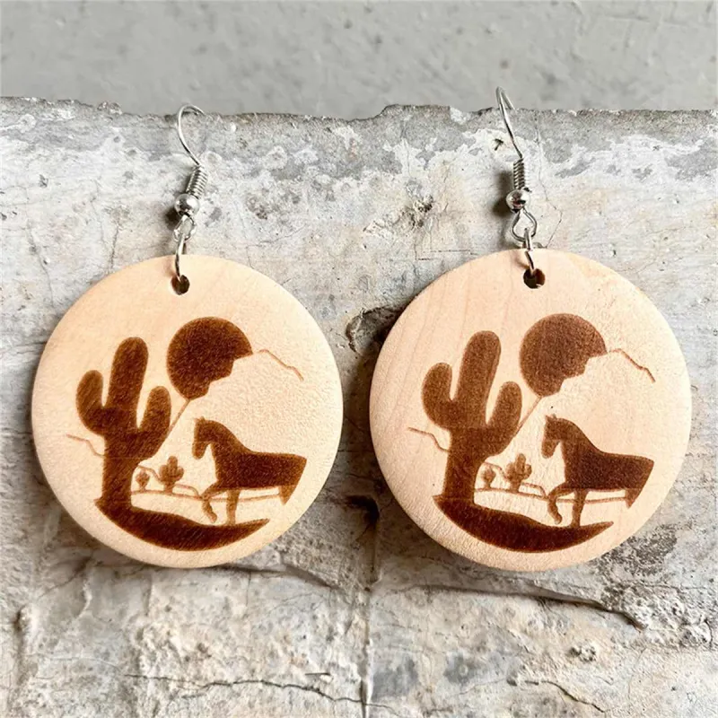 Wood & Silvertone Sunset Cactus Horse Round Drop Earrings made by Zulily