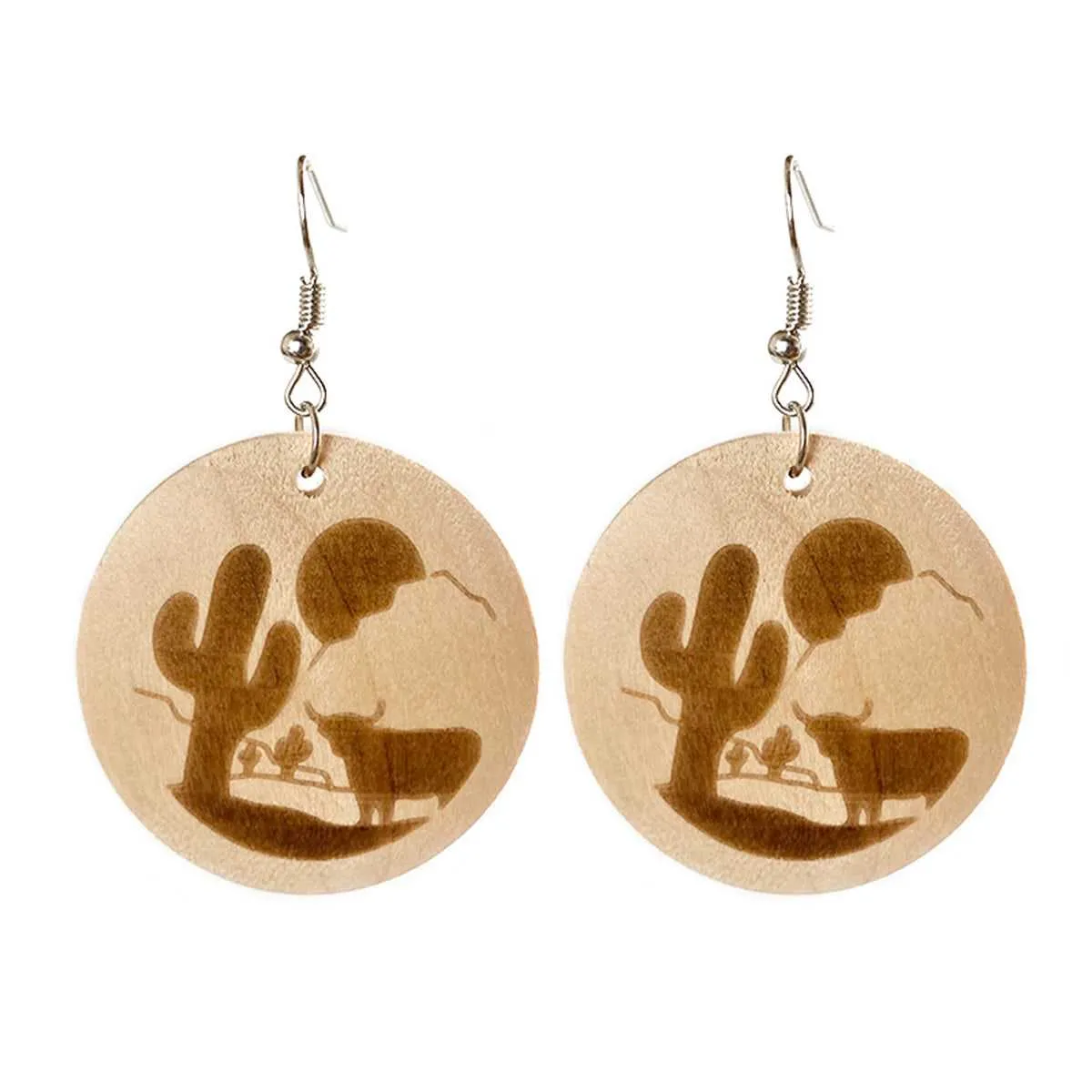 Wood & Silvertone Sunset Cactus Cattle Round Drop Earrings sold by Zulily product image thumbnail 2