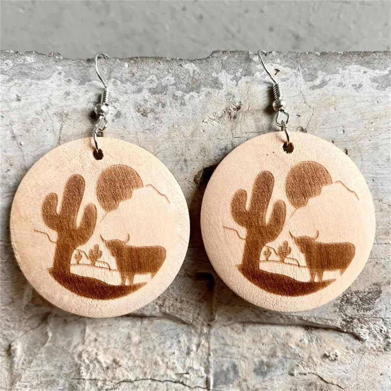 Wood & Silvertone Sunset Cactus Cattle Round Drop Earrings made by Zulily