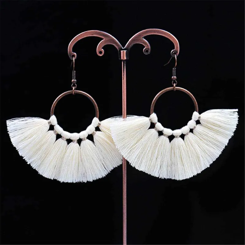 Beige Polyster & Goldtone Circle Tassel Drop Earrings made by Zulily