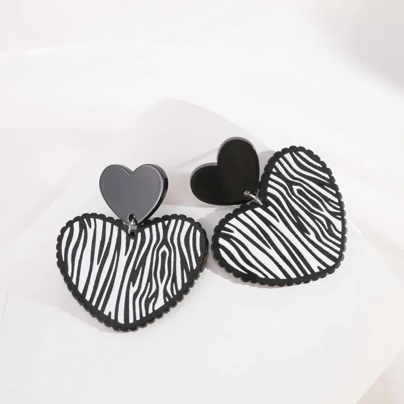 Black Acrylic & Silvertone Zebra Stripe Heart Drop Earrings made by Zulily
