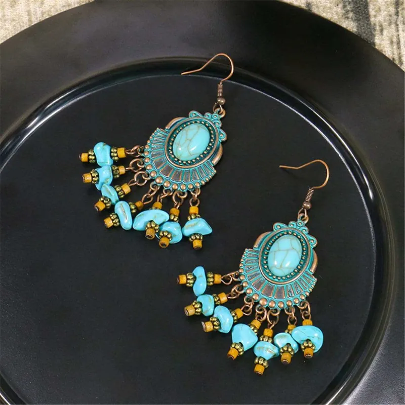 Turquoise & Wood Goldtone Round Tassel Drop Earrings made by Zulily