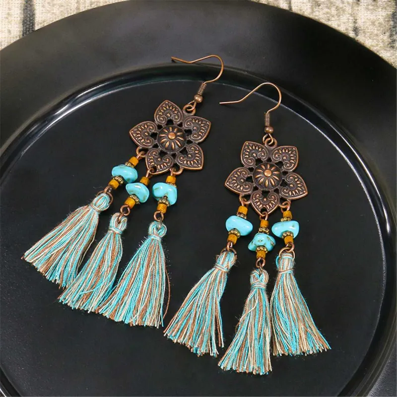 Turquoise & Polyster Goldtone Flower Tassel Drop Earrings made by Zulily