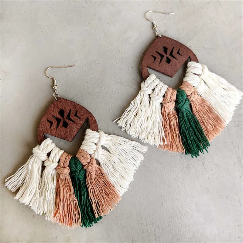 Green & Blush Tassel Etched Wood Drop Earrings made by Zulily