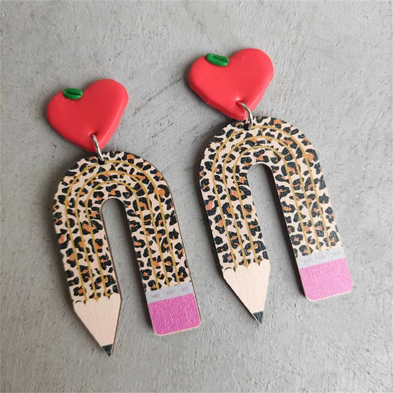 Brown Wood & Acrylic Silvertone Heart Leopard Pencil Drop Earrings made by Zulily