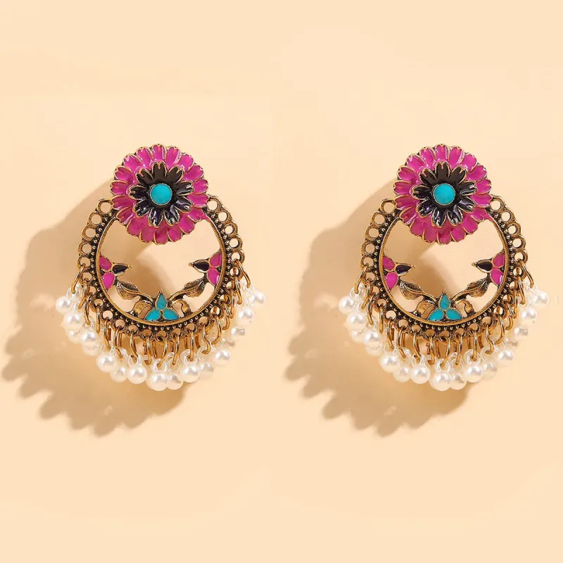 Pink Enamel & Pearl Goldtone Floral Wreath Drop Earrings made by Zulily