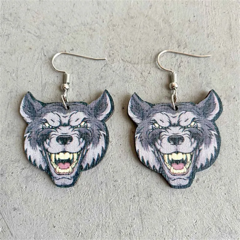 Gray Wood & Silvertone Wolf Drop Earrings made by Zulily