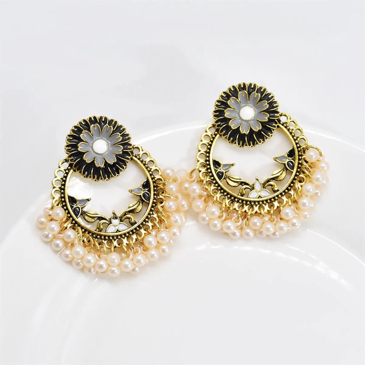 Black Enamel & Pearl Goldtone Floral Wreath Drop Earrings sold by Zulily product image thumbnail 3