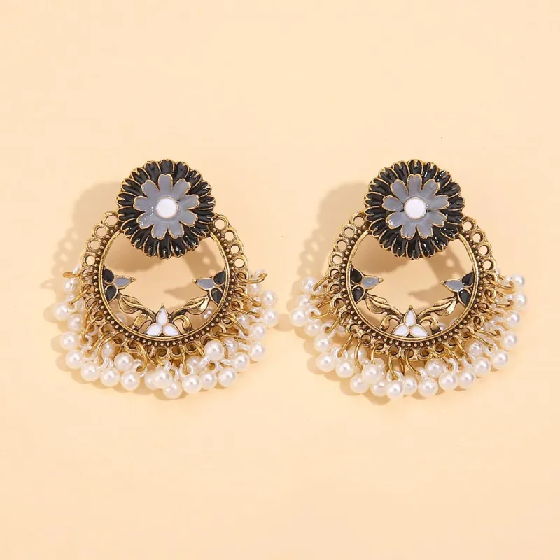 Black Enamel & Pearl Goldtone Floral Wreath Drop Earrings made by Zulily