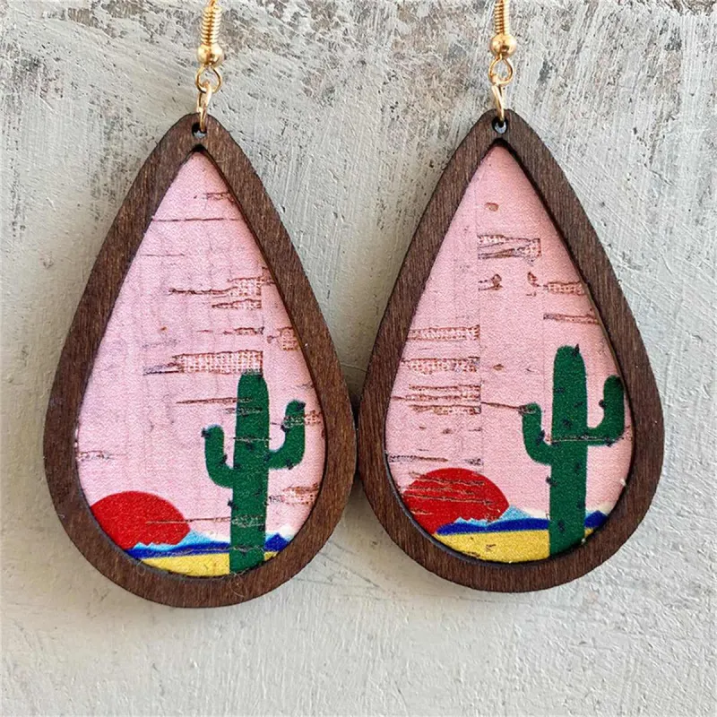 Pink Polystyrene & Wood Goldtone Cactus Drop Earrings made by Zulily