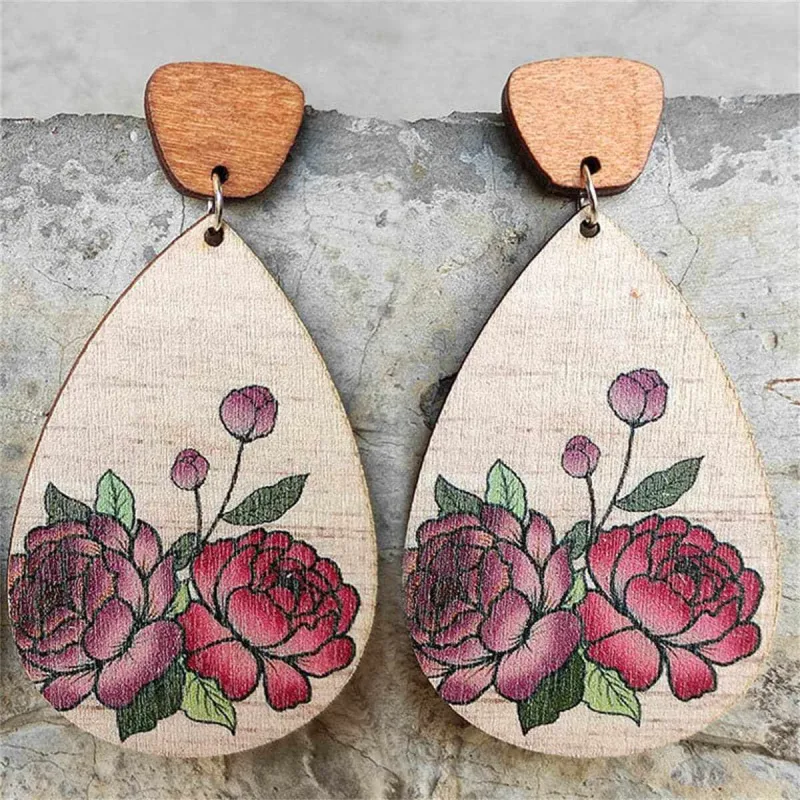 Brown & Red Rose Floral Wood Drop Earrings made by Zulily