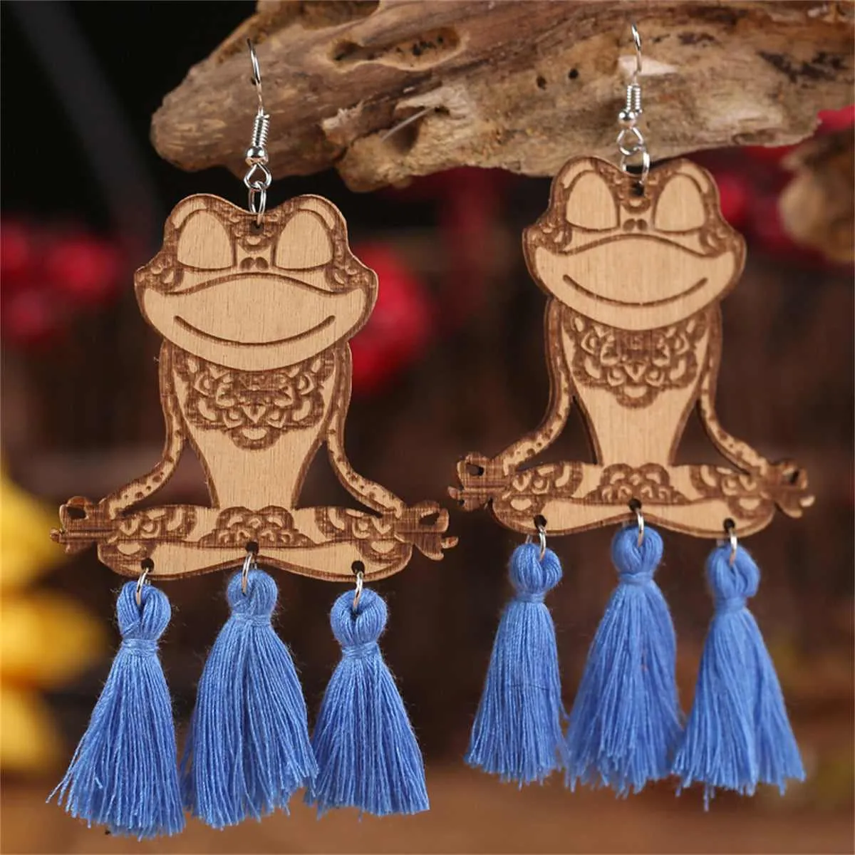 Blue Polyester & Wood Frog Tassel Drop Earrings sold by Zulily