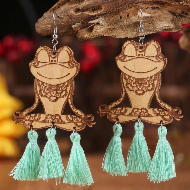 Teal & Brown Wood Tassel-Accent Frog Drop Earrings made by Zulily