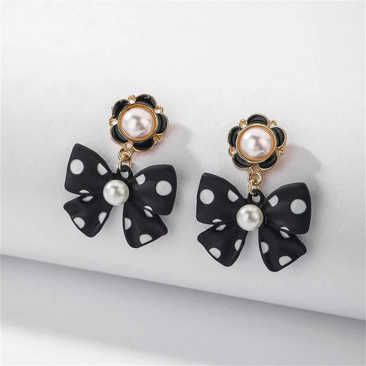 Pearl & Enamel Goldtone Black Bow Drop Earrings sold by Zulily product image thumbnail 2