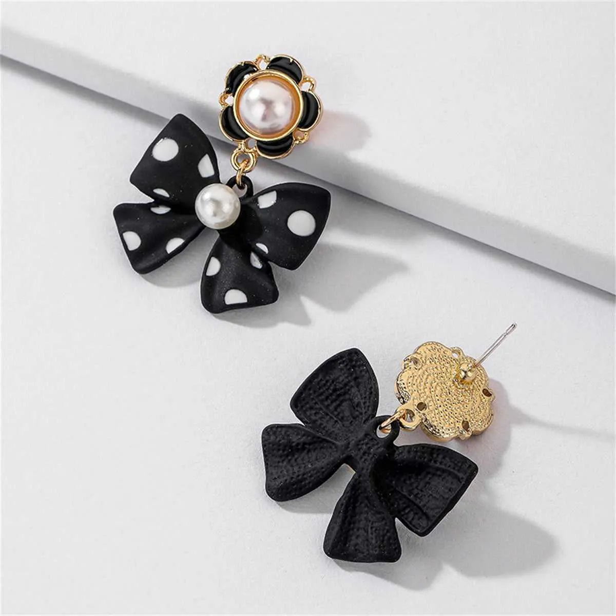 Pearl & Enamel Goldtone Black Bow Drop Earrings sold by Zulily product image thumbnail 3