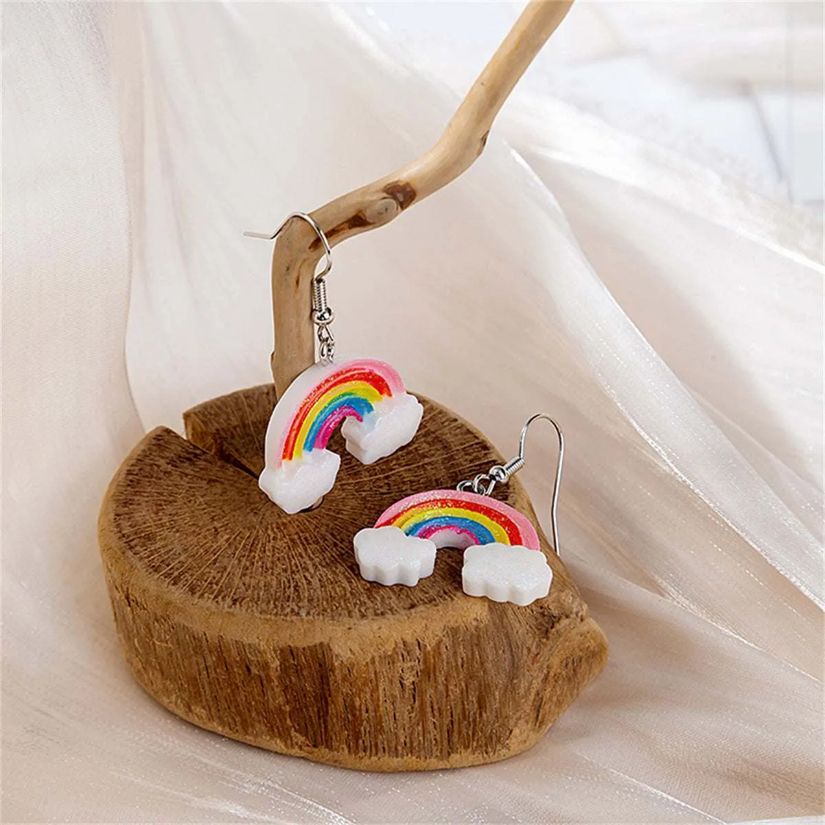 Pink & White Glitter Rainbow Cloud Drop Earrings sold by Zulily product image thumbnail 2