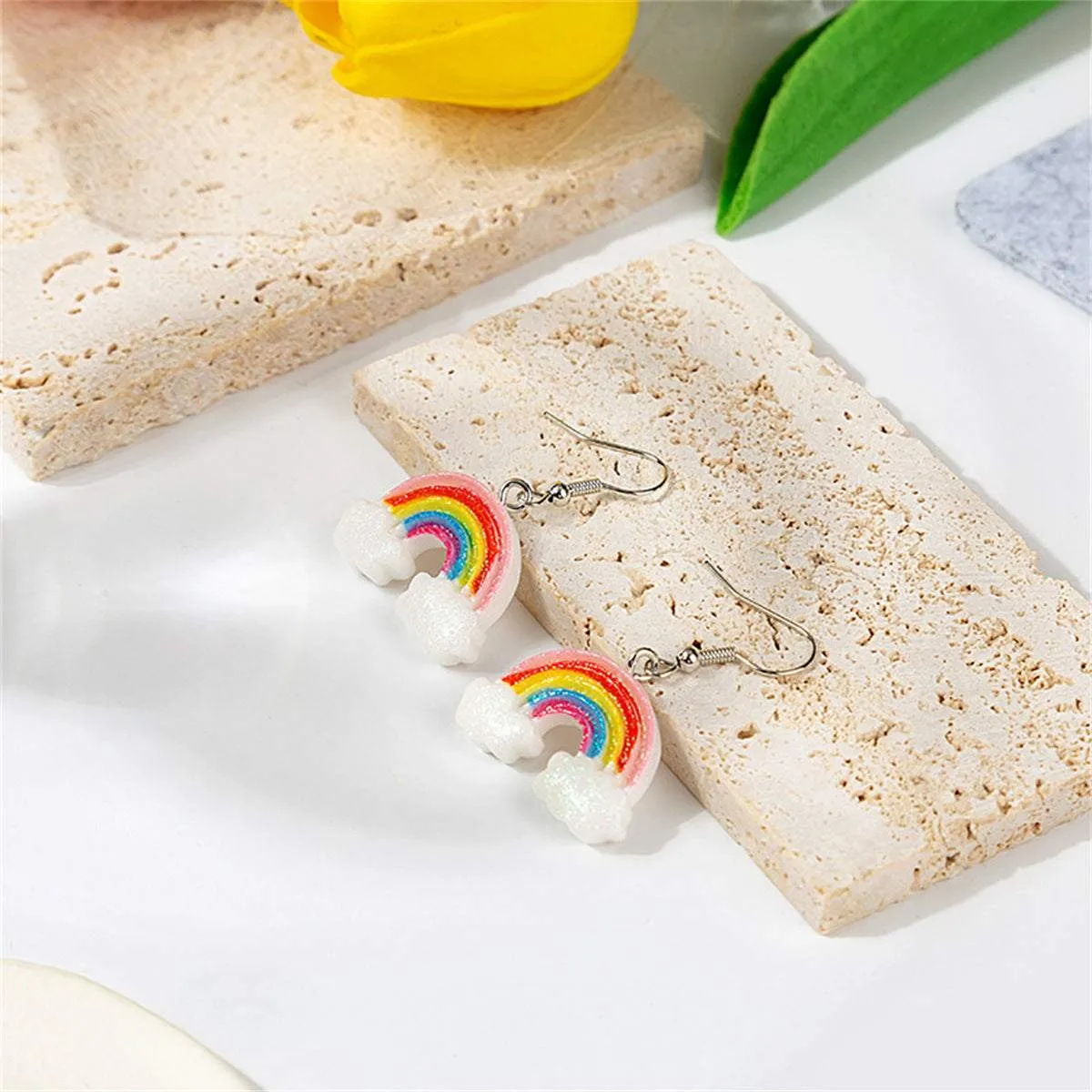 Pink & White Glitter Rainbow Cloud Drop Earrings sold by Zulily product image thumbnail 3