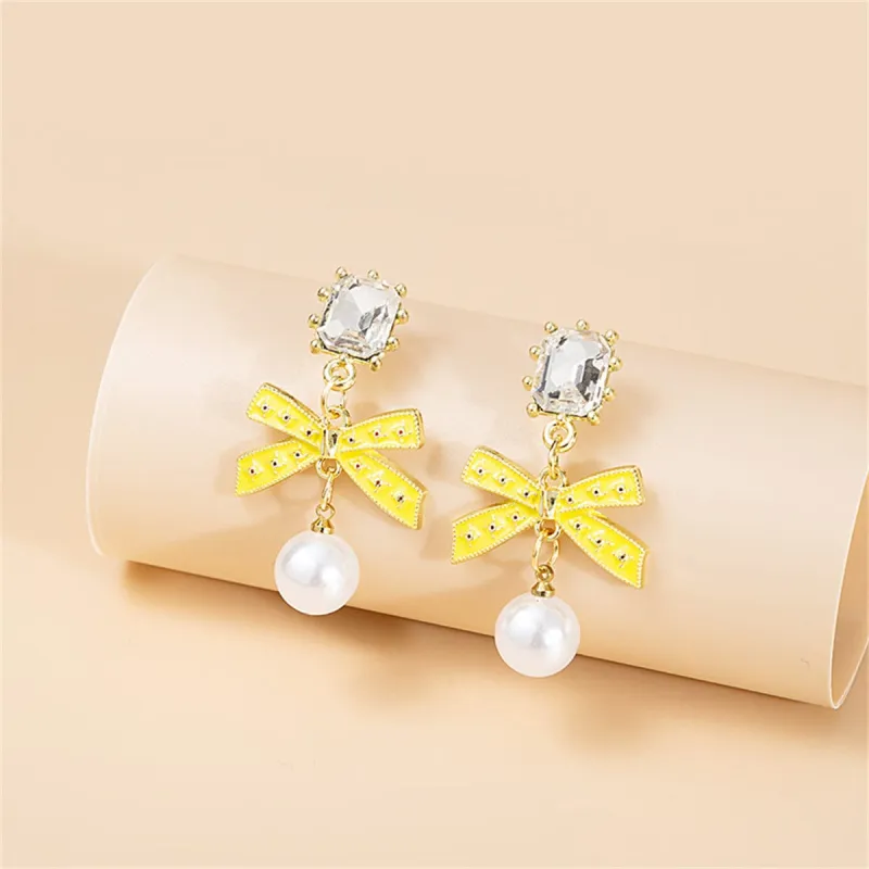 Crystal & Yellow Enamel Pearl Goldtone Bow Drop Earrings made by Zulily