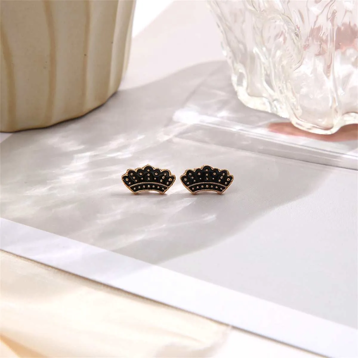 Goldtone & Black Enamel Crown Stud Earrings sold by Zulily product image thumbnail 2