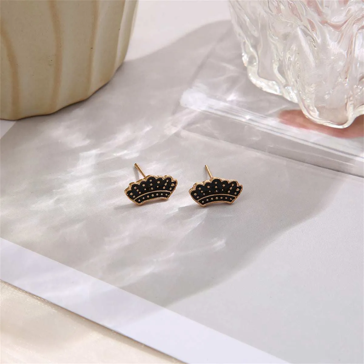 Goldtone & Black Enamel Crown Stud Earrings sold by Zulily product image thumbnail 3