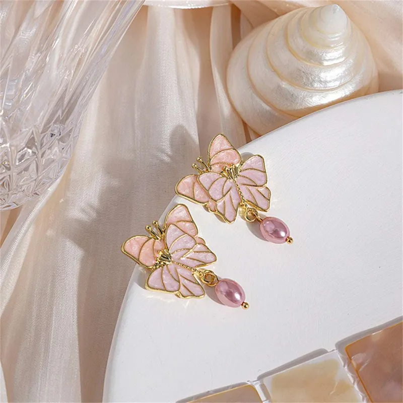 Pink Enamel & Pearl Goldtone Double Butterfly Drop Earrings made by Zulily