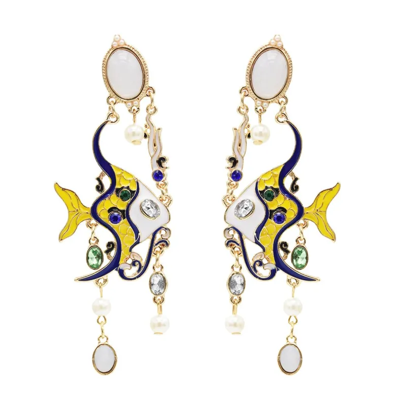 Yellow & Blue Enamel Goldtone Fish Drop Earrings made by Zulily