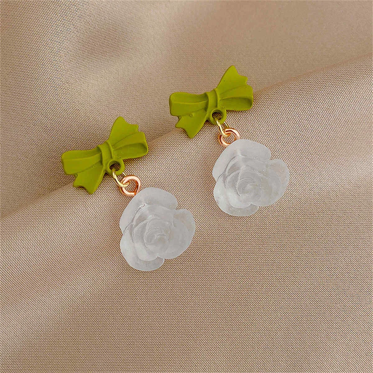 Green & Translucent Bow & Rose Drop Earrings sold by Zulily product image thumbnail 2