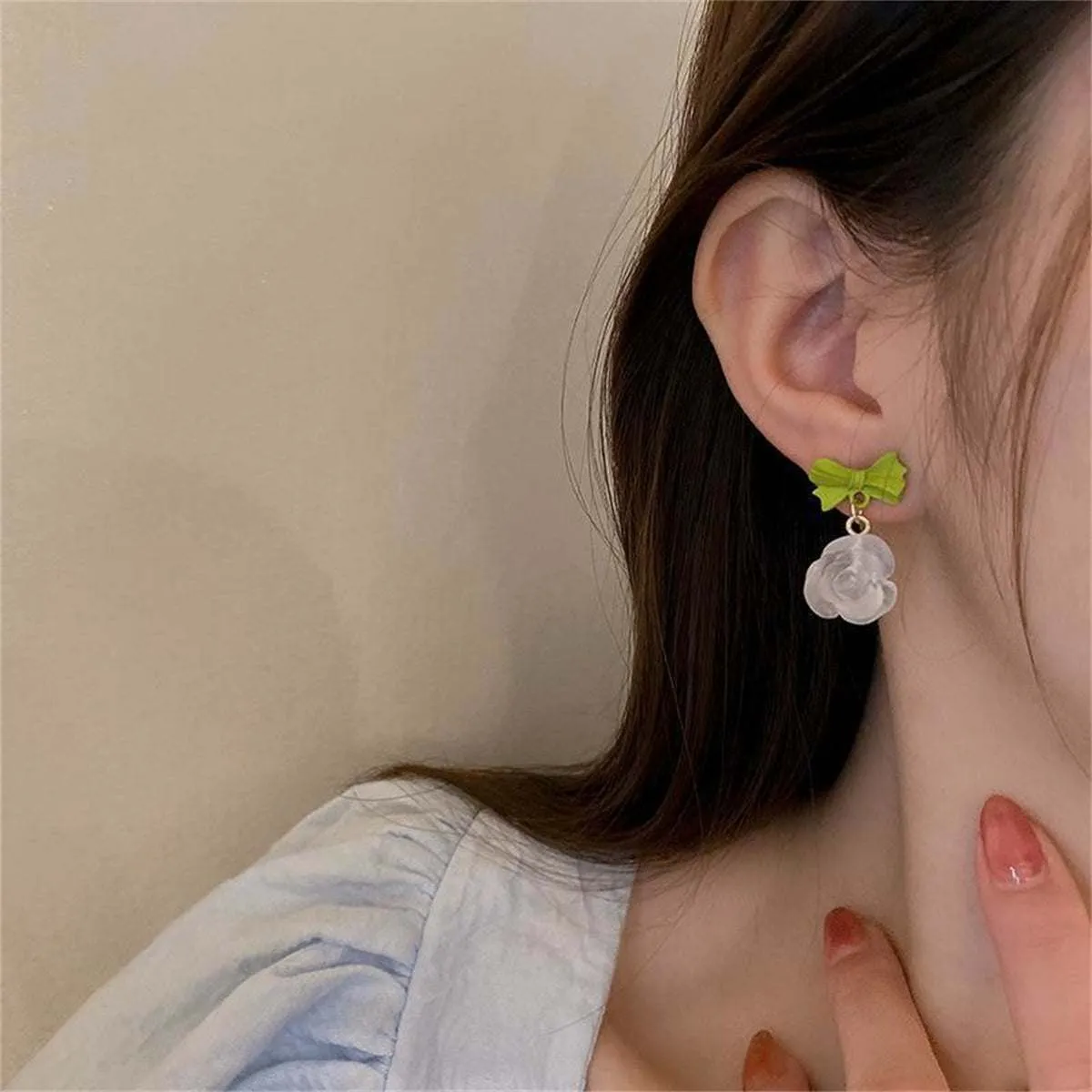 Green & Translucent Bow & Rose Drop Earrings sold by Zulily product image thumbnail 3