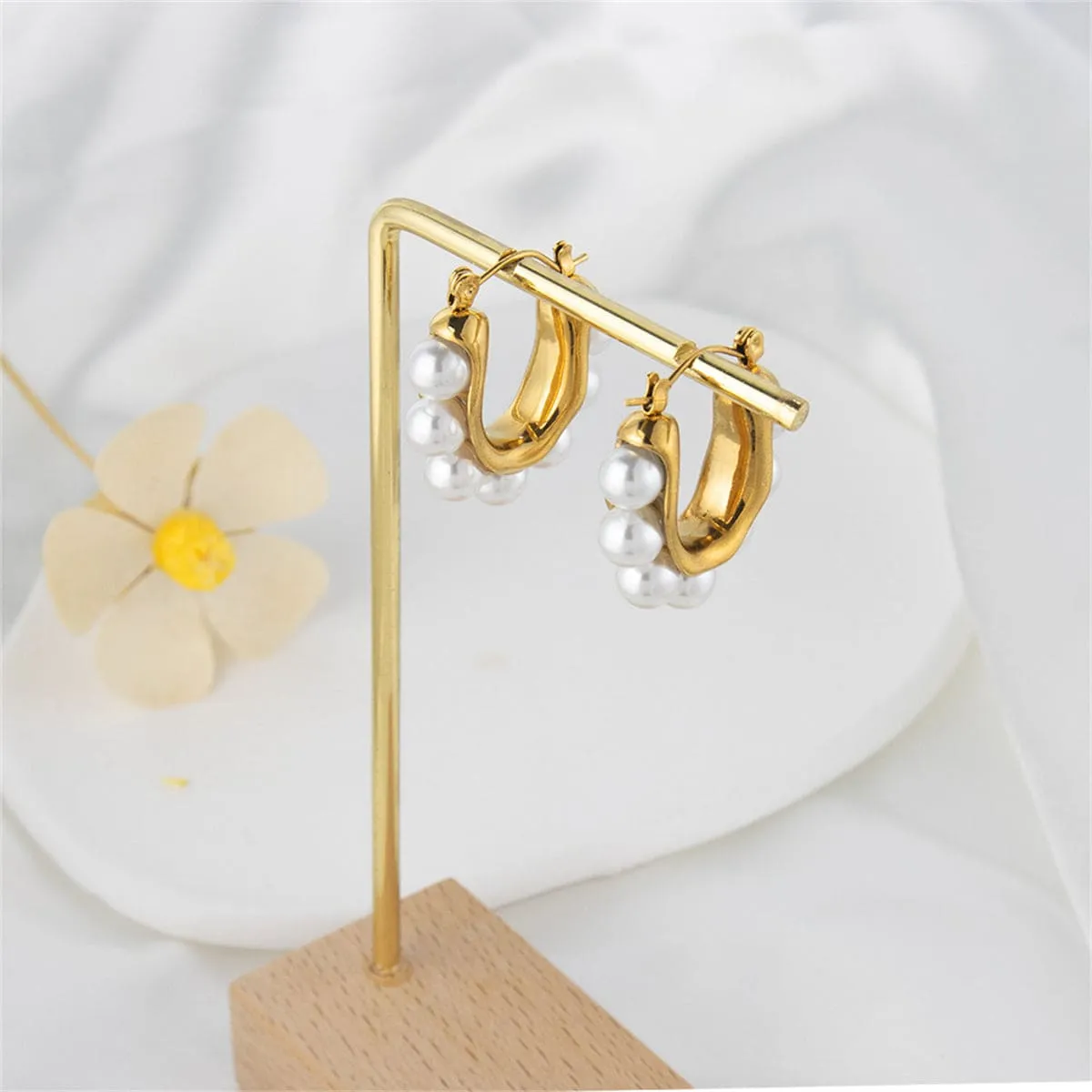 Pearl & Goldtone U-Shaped Huggie Earrings sold by Zulily product image thumbnail 3