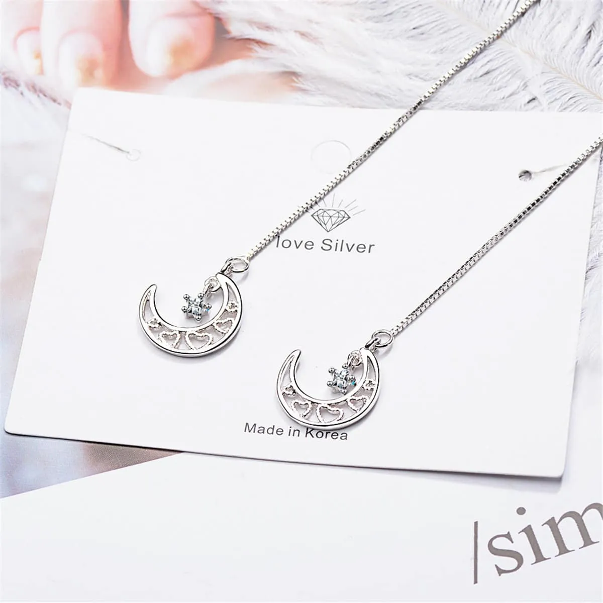 Cubic Zirconia & Silvertone Heart & Moon Threader Earrings sold by Zulily product image thumbnail 3