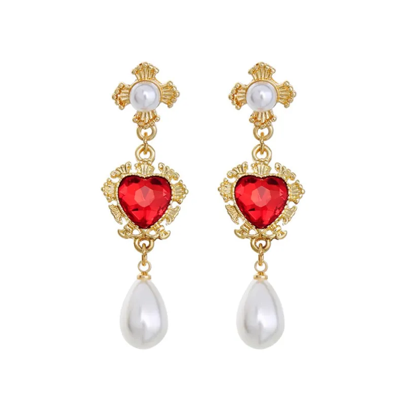 Pearl & Red Crystal Goldtone Heart Drop Earrings made by Zulily
