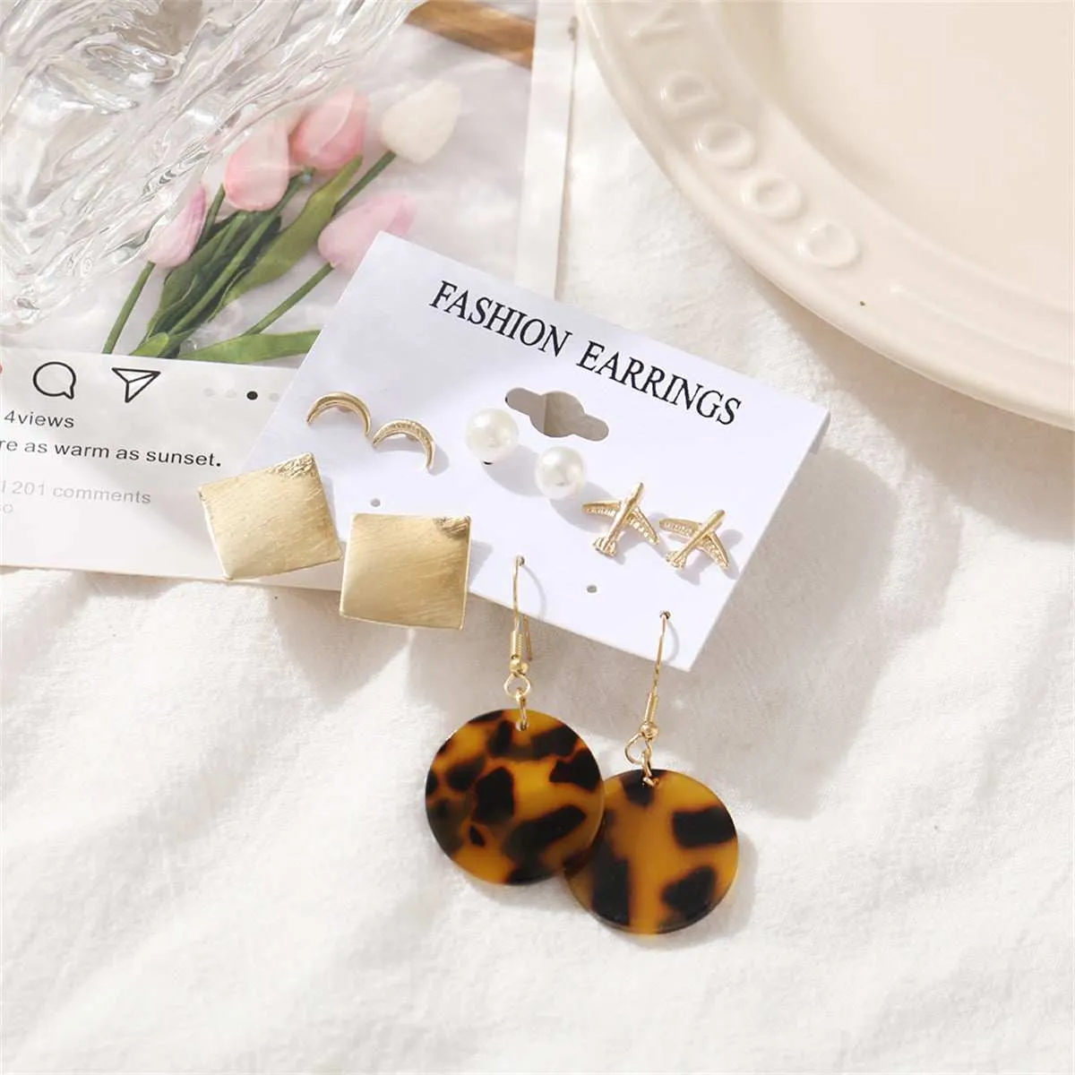 Pearl & Acrylic Goldtone Tortoiseshell Drop Earrings Set sold by Zulily product image thumbnail 2