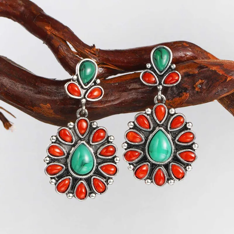 Red Resin & Turquoise Silvertone Oval Drop Earrings made by Zulily